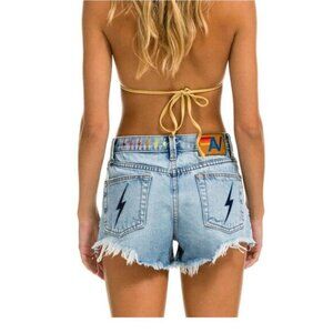 Aviator Nation Cutoff Denim Jean Shorts Live Free Size 24 Lightning Bolt